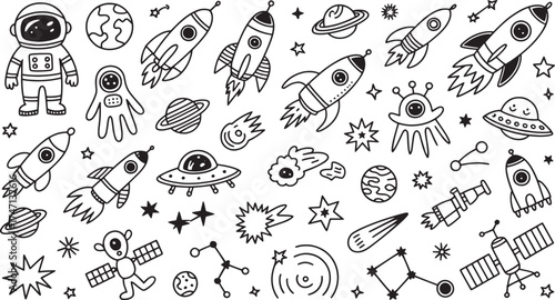 Mega Hand-Drawn Space and Astronaut Doodle Set: Rockets, Planets, Aliens, and Cosmic Elements Vector Collection for Kids

