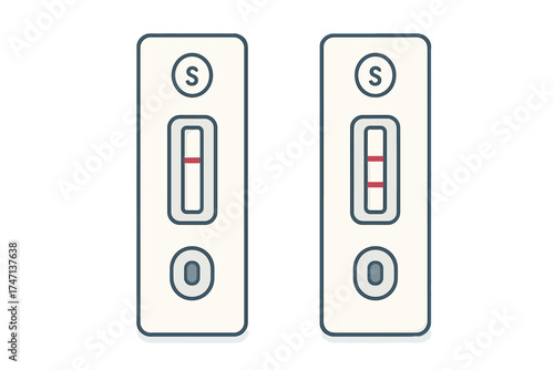 Rapid antigen test kit for Covid-19 with positive and negative results. Coronavirus self-test cassette for quick home diagnosis. Medical pandemic screening vector illustration.
