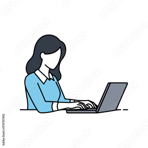 Working woman typing on laptop, completing important tasks, and communicating. Working woman sits at desk, focused on computer screen, hands moving swiftly across keyboard.