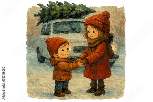 Kids with Christmas tree on car roof. Cute boy and girl holding hands in winter snow. Holiday season family tradition. Brother and sister love. Hand drawn oil painting vector.
