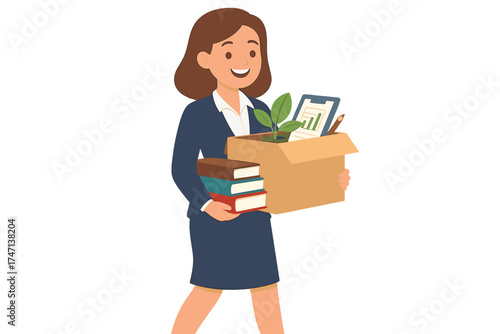 Successful business woman starting a new job. Happy female employee with box of personal stuff. Office moving, job change, career growth, or promotion concept illustration.