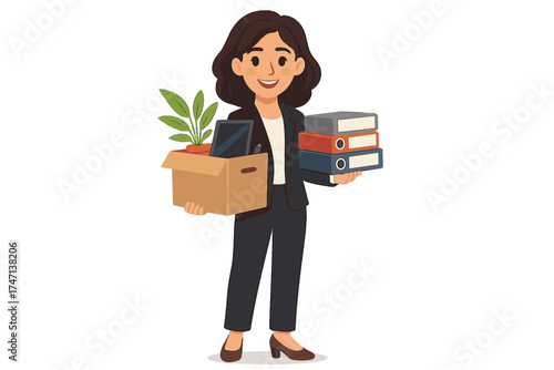 Office moving concept. Successful smiling business woman holding box with personal stuff. New job, career change, or promotion. Happy employee leaving or joining a new company.