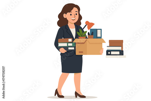 Happy business woman with box of office stuff. Fired or hired employee. Moving day. New job, career change or promotion concept. Relocation, fresh start. Flat vector illustration.