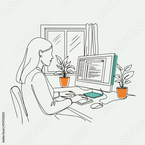 Woman working at computer in continuous line drawing style, showcasing modern workplace. Modern workplace setup includes window view, plants, and sleek computer hardware and peripherals.