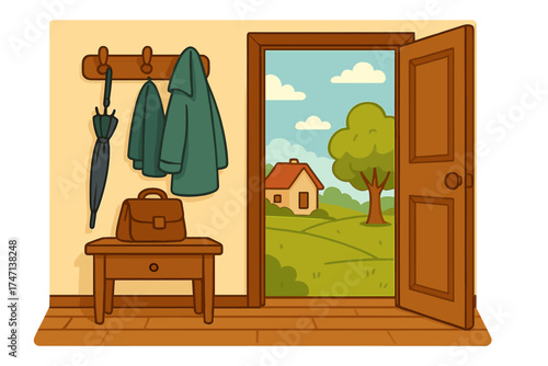 Hallway interior with an open door to a summer country landscape. Welcome home concept. Entrance of a house with furniture, coat hanger, and a view of nature and hills.