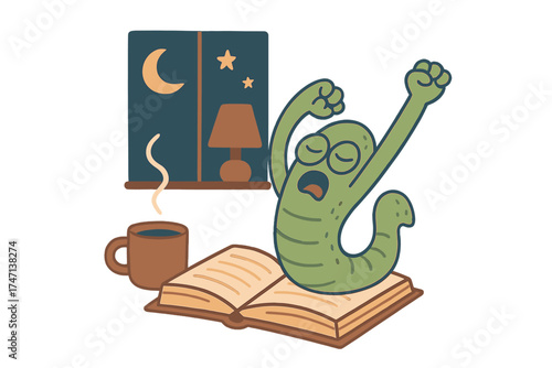 Tired funny bookworm stretching from prolonged reading. Cute cartoon character studying late at night. Education burnout concept. Sleepy worm yawning over book with coffee.