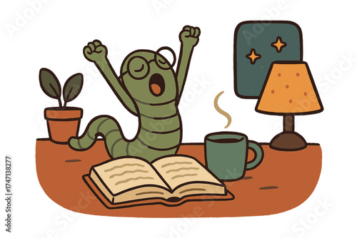 Tired funny bookworm stretching after reading a book. Cute character studying late at night. Education fatigue and burnout concept. Cozy home scene with lamp and coffee. Vector.