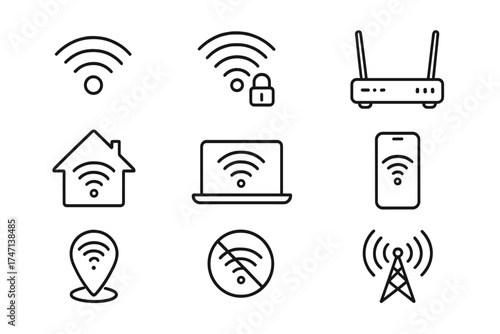 Wi-Fi vector line icon set for internet and wireless connection. Includes router, phone, laptop, secure network lock, home, location, no signal, and communication tower symbols.