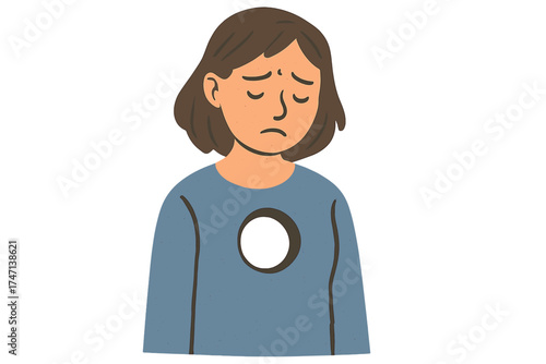 Sad young woman with a hole in her chest. Metaphor for depression, grief, loss, and emotional emptiness. Mental health concept. Feeling broken, burnout, loneliness. Flat vector.