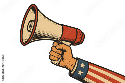 Hand with USA flag sleeve holds loudspeaker. Vintage pop art for Independence Day, July 4th, or election. Concept for protest, announcement, vote, rally, and free speech.