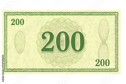 Voucher template banknote 200. Guilloche pattern with watermarks and border. Green background for gift voucher, coupon, diploma, money design, currency, note, certificate.