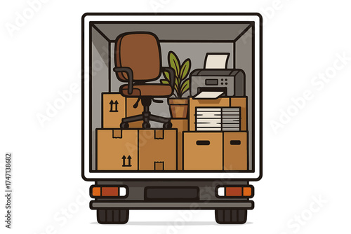 Office relocation. We've moved concept. Business move. Back of moving truck with office furniture and equipment. Boxes, chair, printer. New office. Change of address. Logistics.