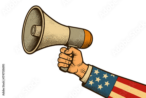 Hand with USA flag holding loudspeaker. Pop art vector for Independence Day, election, protest. Vintage megaphone for announcement, vote, propaganda. Free speech metaphor.