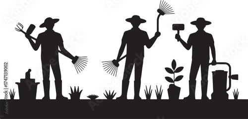 Three gardeners in silhouette holding tools with plants and equipment gardening person