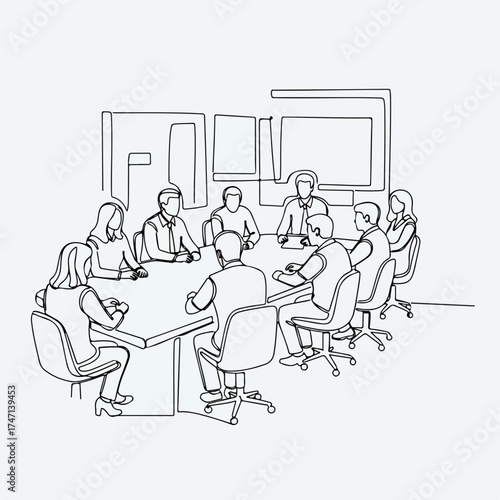 One line drawing of business meeting with people sitting around table. Business meeting illustration shows people in discussion around conference table, collaborating on project.