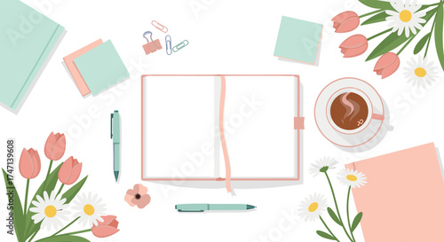 Feminine Workspace with Flowers, Coffee, and Open Notebook – Pastel Flat Vector Illustration