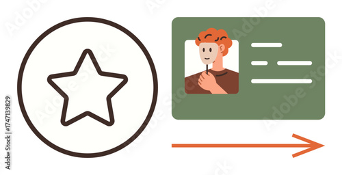 Star inside a circle, ID card with a photo and text, and right-pointing arrow symbolizing process flow or progress. Ideal for identity, authorization, evaluation, career, management, progress