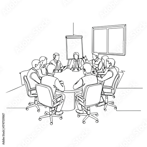 Meeting room sketch with conference table and eight participants, showing teamwork in action. Teamwork session depicted in a continuous line, conveying collaboration and collective decision making.