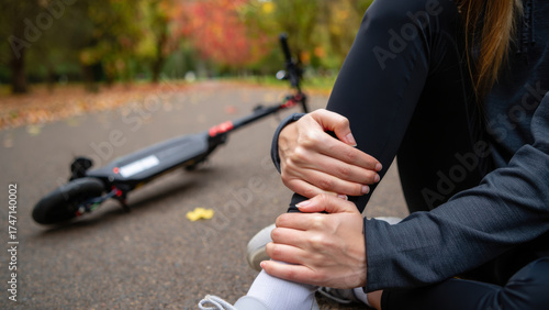 Injury from falling off electric scooter, knee pain on road, urban transportation mishap amid autumn scenery, focus on personal safety, importance of protective gear