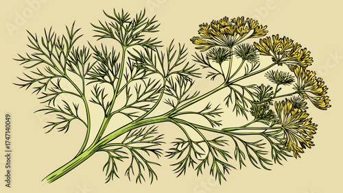 Very beautiful dill branch vintage vector outline created for herbal and foodie graphics, showcasing delicate leaves, elegant linework, and timeless botanical charm in refined illustrative style.