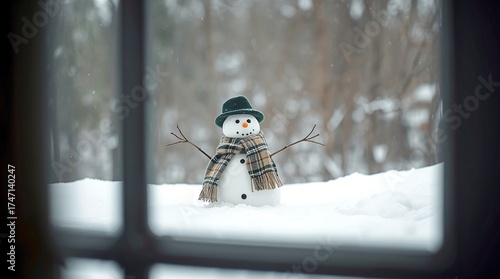 Cozy winter scene viewed from window with snowman wearing scarf and hat, peaceful minimalistic atmosphere symbolizing warmth, solitude and holiday calm, perfect for lifestyle and seasonal concepts