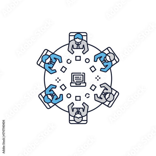 Business meeting around table, illustrated with simple lines and blocks of blue color. Business meeting involves six people and laptop, signifying discussion, strategy and communication.