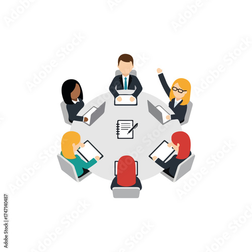 Business meeting with diverse team around round table with a notepad, business meeting with participants. During business meeting, one team member raises hand to speak.