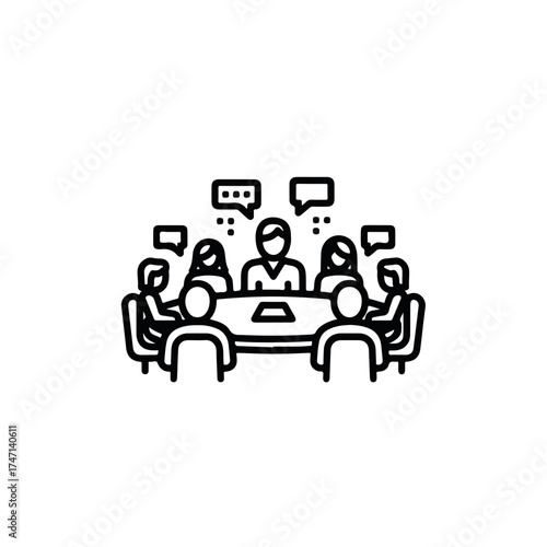 Meeting at office shows group of people gathered around table for discussion. Team meeting in office with communication bubbles illustrates cooperation and idea sharing,