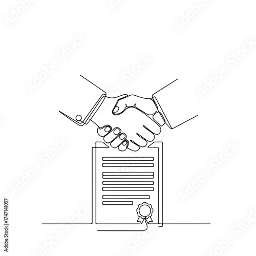 Handshake illustration featuring document portrays a business handshake, symbolizing agreement and cooperation. Successful business handshake between partners indicates trust and mutual respect.