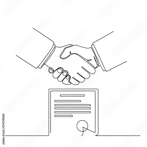 Handshake above contract signifies agreement between partners, showcasing business deal and accord. Handshake represents mutual respect, trust, and collaboration,