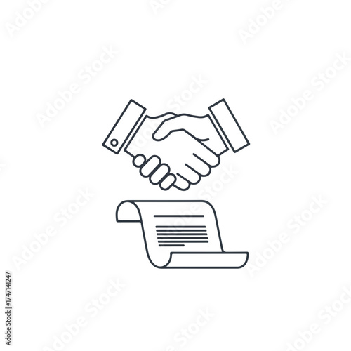 Handshake agreement completed with formal document, a symbol of business partnership. Handshake is depicted with a detailed contract, signifying successful negotiation and mutual understanding.