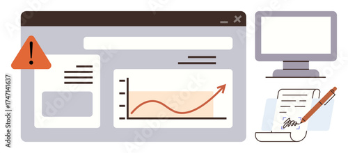Dashboard showing upward trend in a graph, warning alert icon, computer monitor, and signed document. Ideal for analytics, reporting, risk management, alerts, data visualization decision-making
