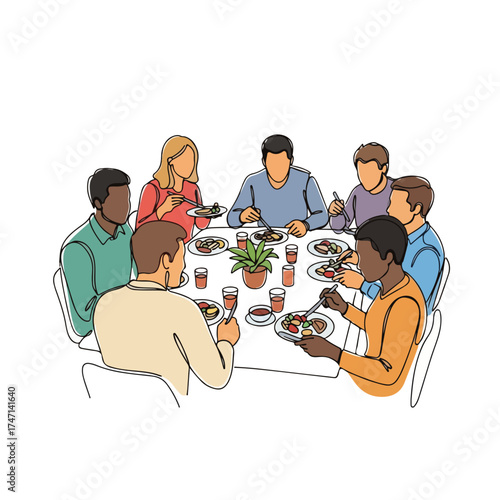 Group dining illustration showing people enjoying food around table. Group dining is perfect way to bond with friends, family, and colleagues over shared meal.