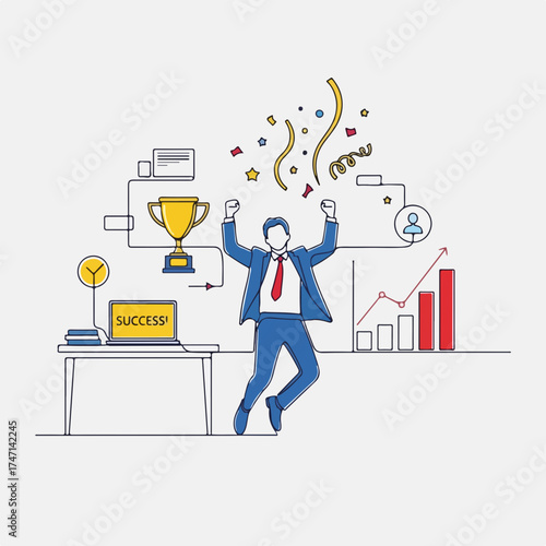 Celebrating Business success with confetti and trophy on desk, man in suit expressing achievement. Business success illustrated with rising graphs and celebratory elements,