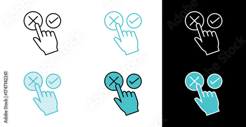 Hand Tapping Rejection Cross icon for refusing options in line and fill style