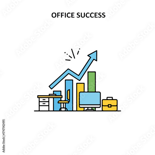 Office success with rising graph and desk and computer, all symbolizing growth. Office success story, with monitor, swivel chair, and briefcase, paints a picture of upward trends.