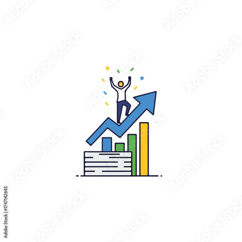 Illustrative chart growth shows upward moving graph with jubilant person. Chart growth signals business success, as visualized by increasing bars and rising arrow.
