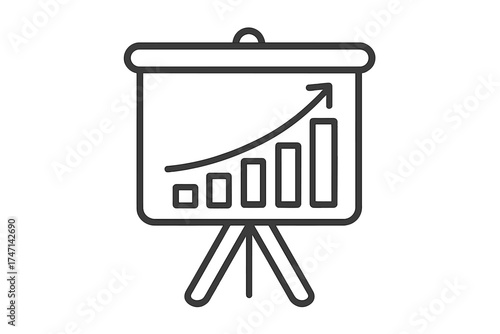 Presentation icon with growth graph symbol, linear style business chart illustration on tripod screen, upward arrow trend, transparent background vector graphic for business success and progress