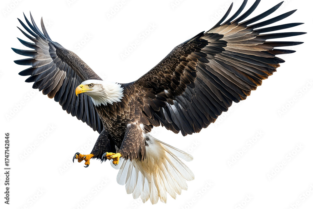 Obraz premium Eagle prepares to land with wings fully spread in a dynamic pose against a clear background