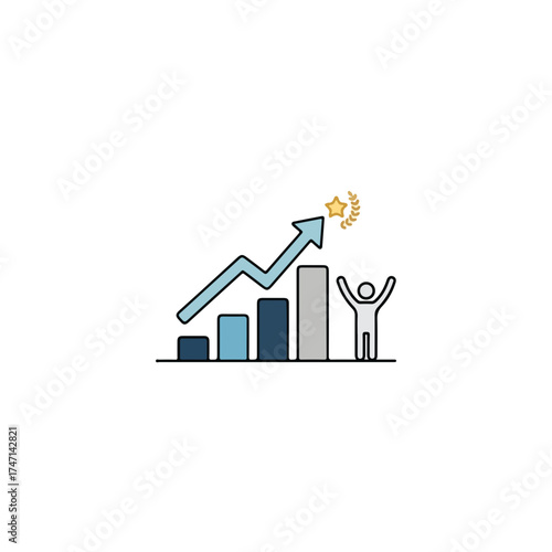 Chart success with upward trending arrow and rising bar graph showcasing progress. Chart success is visually represented by stick figure expressing joy at reaching business goals with golden star.