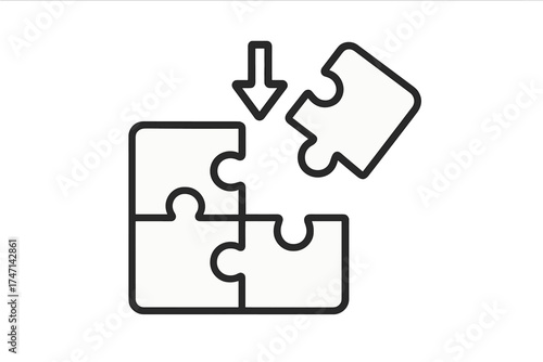 Puzzle solution icon with missing piece, linear style cartoon vector illustration, isolated transparent background, fit and connect concept, teamwork and problem solving symbol