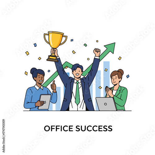 Office success depicts triumphant worker holding trophy amid cheering colleagues with confetti and graphs. Office success is clearly visible as team celebrates achievement with laptops and tablets.