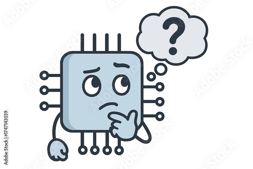 Thoughtful artificial intelligence chip cartoon icon, AI microchip character with questioning expression, technology thinking concept, digital circuit design