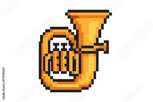 Pixel art tuba icon, cartoon style musical instrument symbol, vector illustration with transparent background, retro 8-bit brass instrument graphic, music hobby design