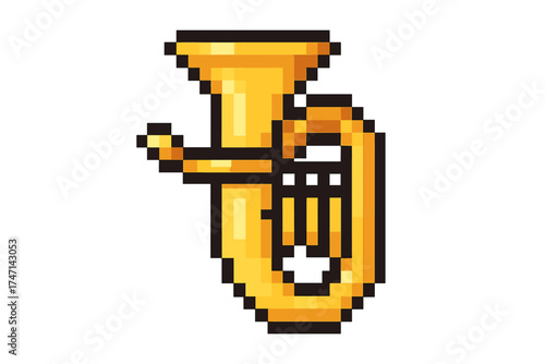 Pixel art tuba icon, musical instrument symbol in 8-bit style, golden brass instrument cartoon vector, retro game graphic, transparent background