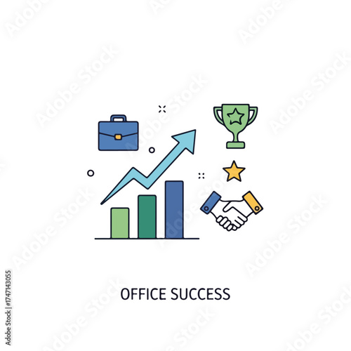 Office success concept showing briefcase, graph trending up, trophy, star and handshake. Office success is an important goal, this image also features business achievement icons,