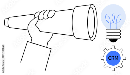 Hand holding a telescope, lightbulb symbolizing ideas, gear labeled CRM for customer management. Ideal for innovation, goal tracking, client relations, business growth, strategy, vision planning