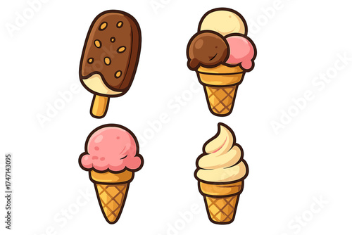 Watermelon ice cream flat style icon set, colorful vector cartoon illustration with transparent background, fruity frozen dessert collection, summer treats