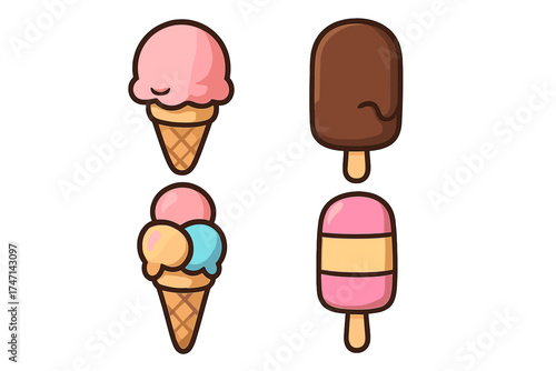 Watermelon ice cream vector set, flat style cartoon ice cream icons, colorful frozen treats collection with popsicle, cone, scoops, transparent background illustration