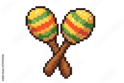 Maracas pixel art icon. 8-bit music instrument for retro video game. Mexican or Latin fiesta symbol. Cartoon vector illustration for celebration, party, or carnival design.